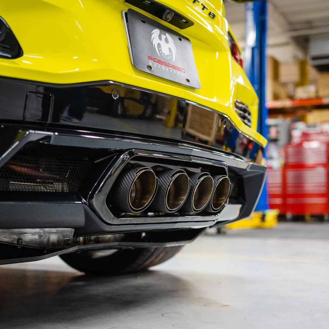 2023 Chevrolet Corvette C8 Z06 SuperSport X-Pipe Cat-Back Exhaust System installed in shop, showcasing premium craftsmanship and performance design.