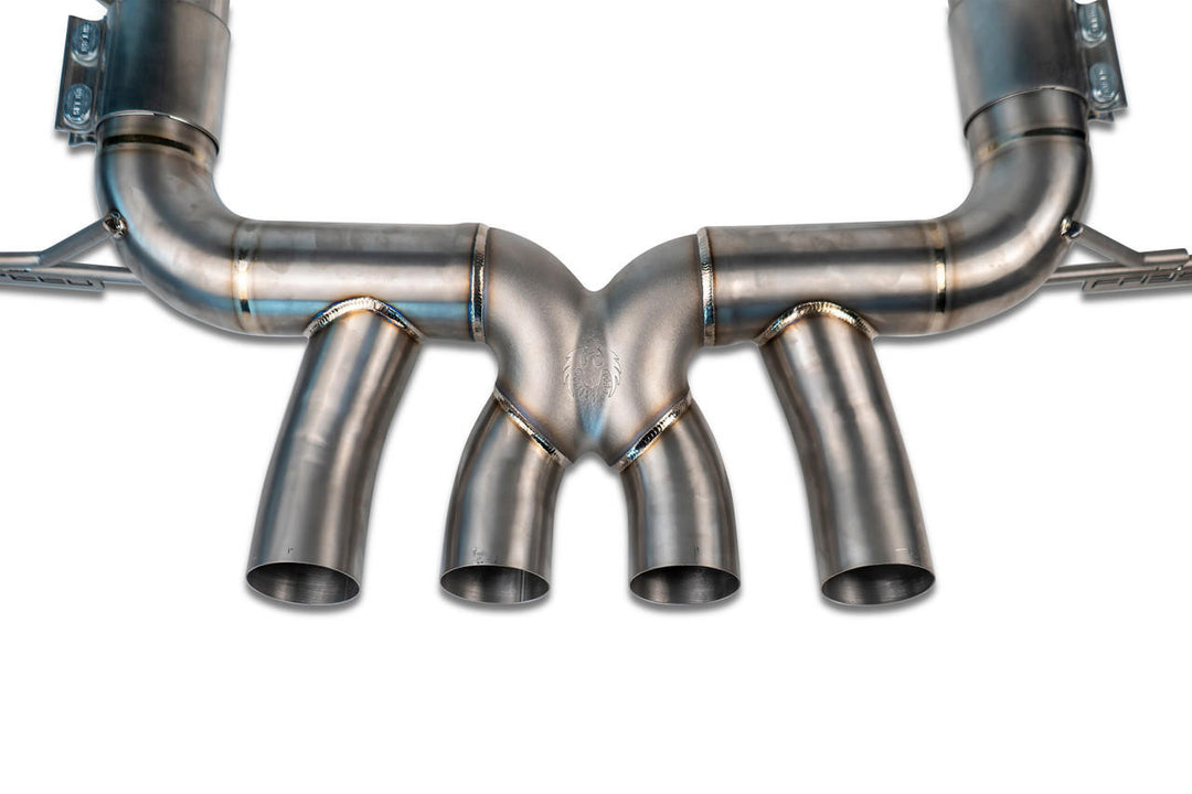 2023 Chevrolet Corvette C8 Z06 Titanium Supersport X-Pipe Cat-Back Exhaust System installed on car showcasing premium titanium finish and precision fitment.