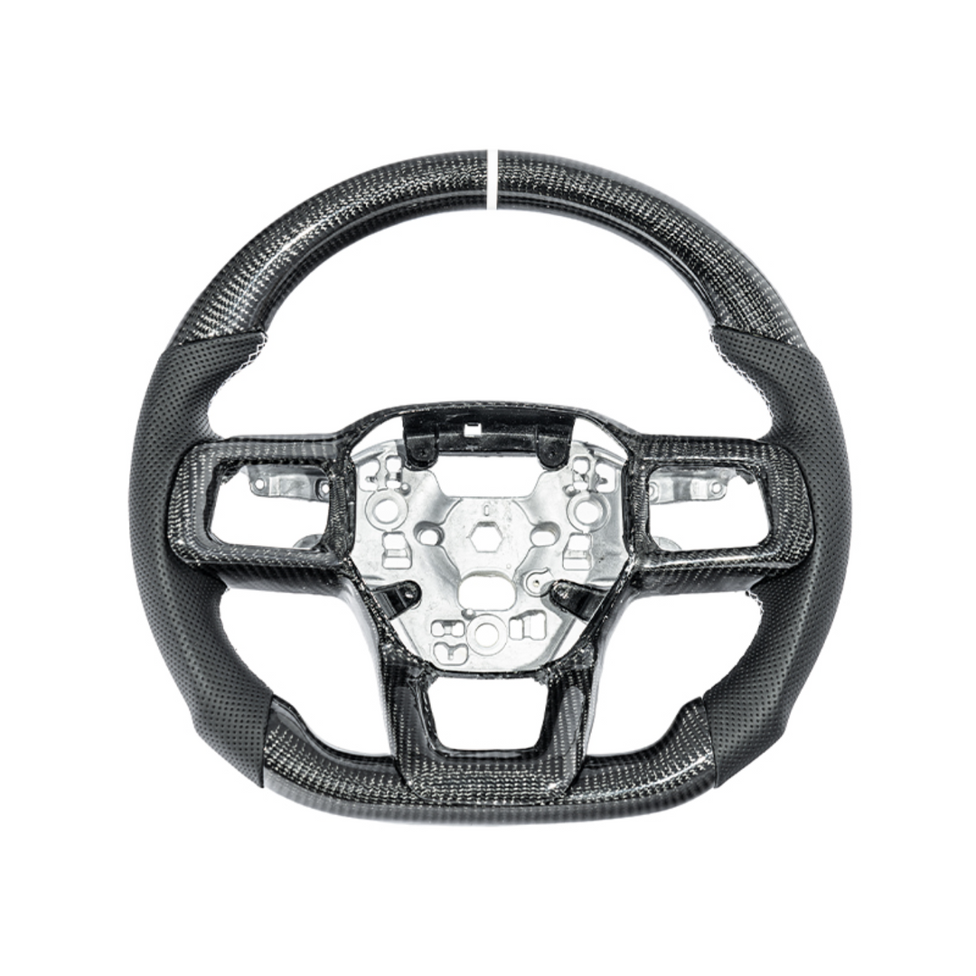 2024-Up Mustang Black Leather White Stitching Carbon Fiber Steering Wheel