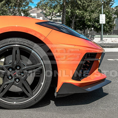 Front splitter ground effect for Corvette C8 stingray with 5VM package, featuring aggressive aerodynamic design and premium factory-style fitment.