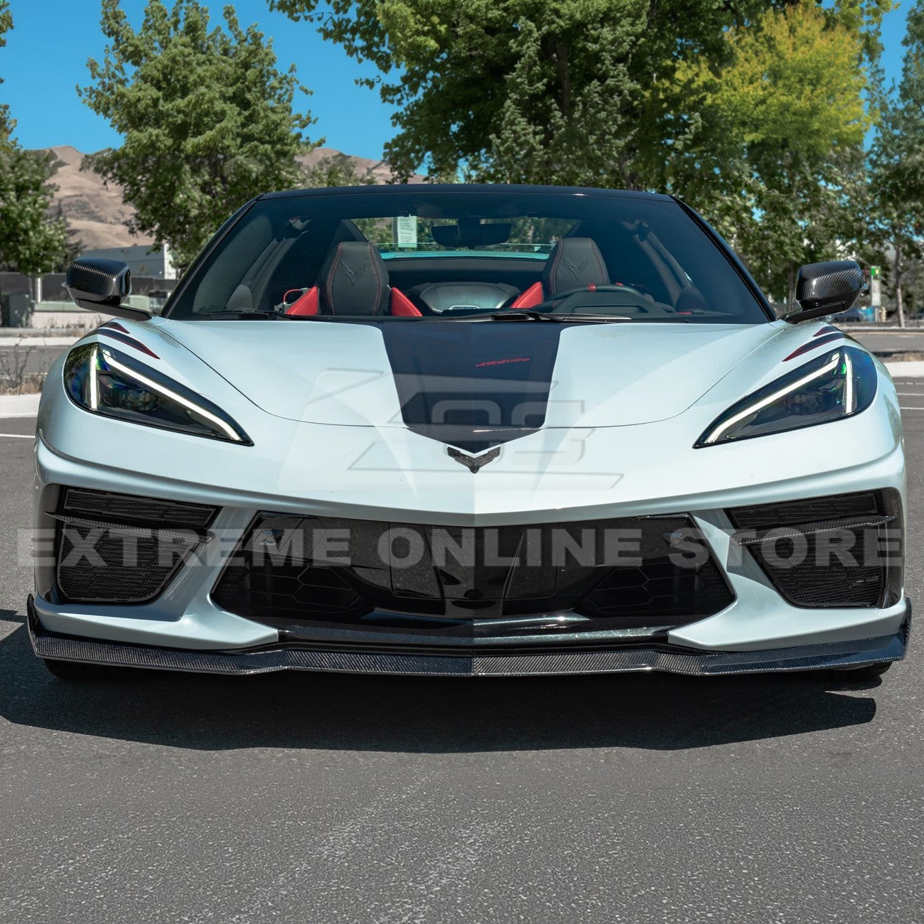 Front splitter ground effect for Corvette C8 with 5VM package, featuring aggressive aerodynamic design and premium factory-style fitment.