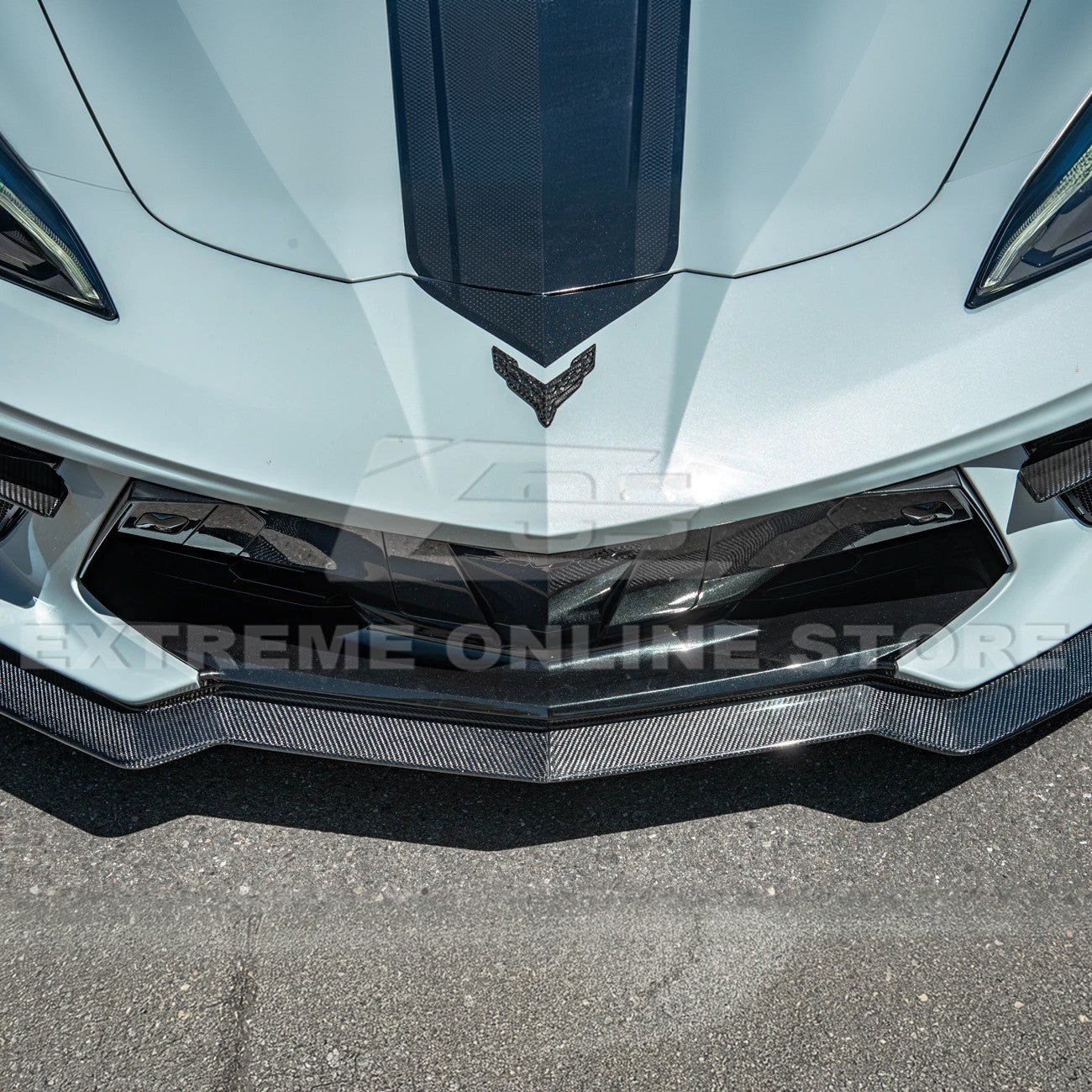 Front splitter ground effect for Corvette C8 with 5VM package, featuring aggressive aerodynamic design and premium factory-style fitment.