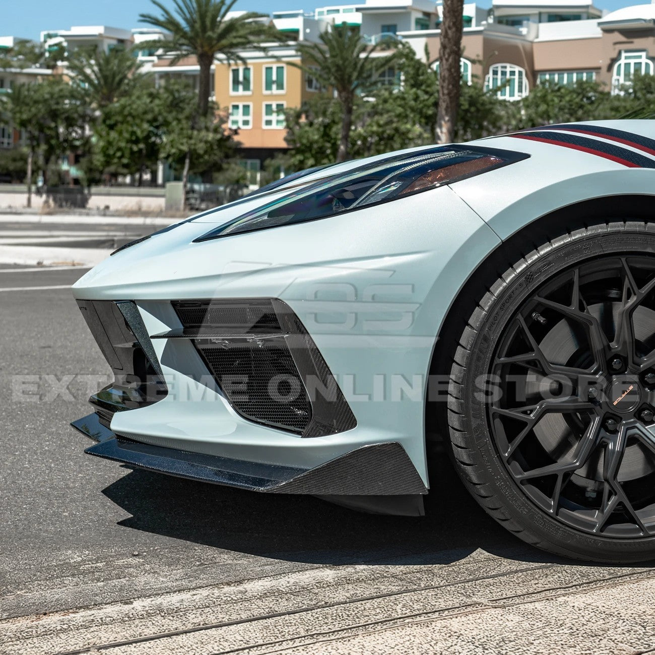 Front splitter ground effect for Corvette C8 with 5VM package, featuring aggressive aerodynamic design and premium factory-style fitment.