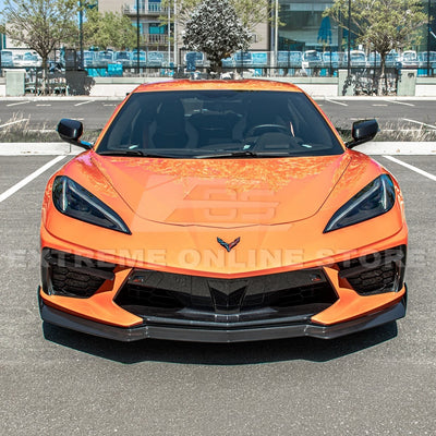 Front splitter ground effect for Corvette C8 stingray with 5VM package, featuring aggressive aerodynamic design and premium factory-style fitment.