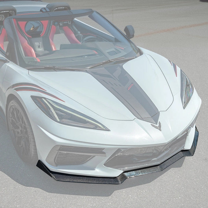 Front splitter ground effect for Corvette C8 with 5VM package, featuring aggressive aerodynamic design and premium factory-style fitment.