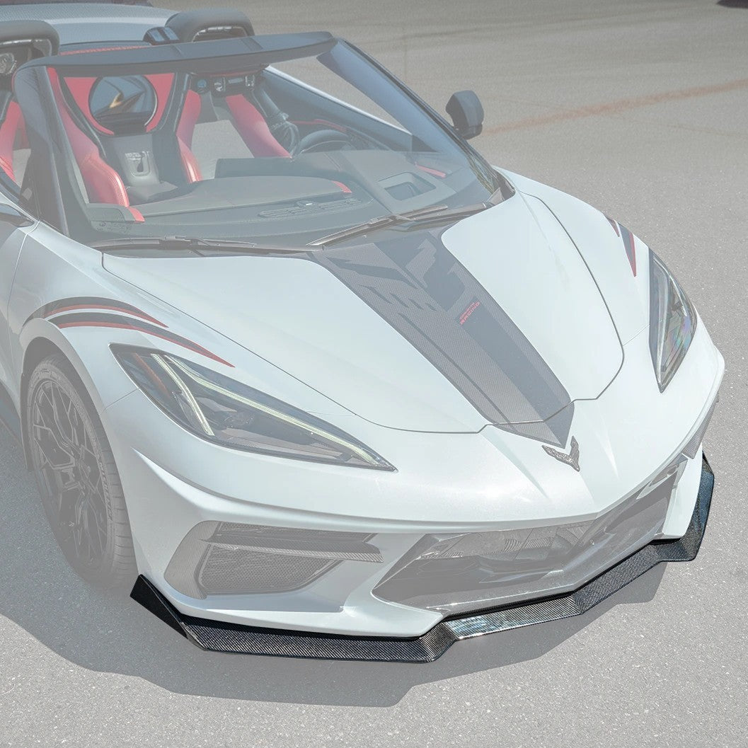 Front splitter ground effect for Corvette C8 with 5VM package, featuring aggressive aerodynamic design and premium factory-style fitment.