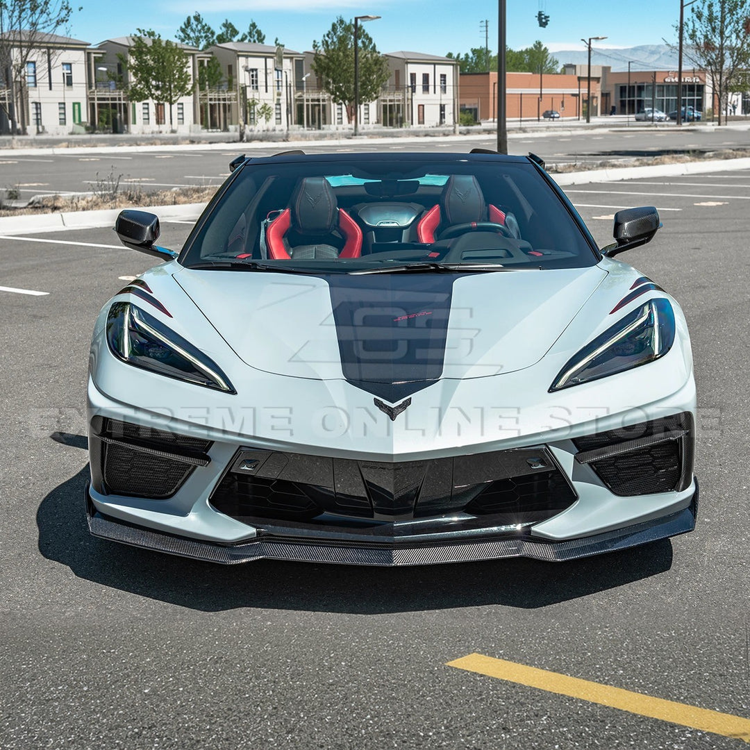 Front splitter ground effect for Corvette C8 with 5VM package, featuring aggressive aerodynamic design and premium factory-style fitment.