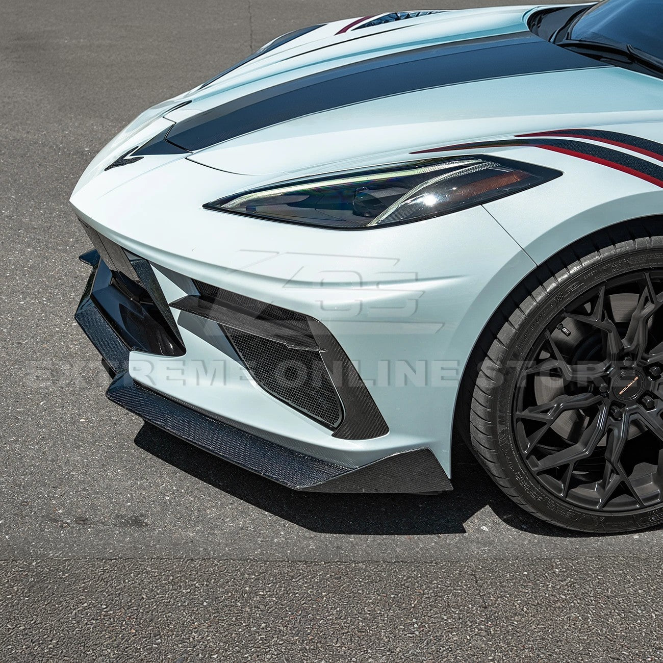 Front splitter ground effect for Corvette C8 with 5VM package, featuring aggressive aerodynamic design and premium factory-style fitment.