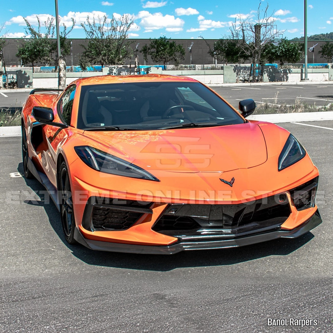 Front splitter ground effect for Corvette C8 with 5VM package, featuring aggressive aerodynamic design and premium factory-style fitment.
