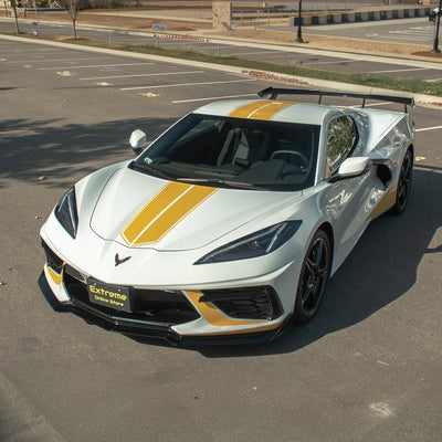 Front splitter ground effect for Corvette C8 with 5VM package, featuring aggressive aerodynamic design and premium factory-style fitment.