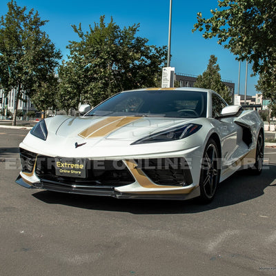 Front splitter ground effect for Corvette C8 with 5VM package, featuring aggressive aerodynamic design and premium factory-style fitment.
