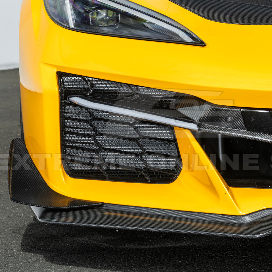 Front radiator mesh grille guard for 2023-Up Corvette C8 E-Ray and Z06 models, featuring factory-style design for improved protection and airflow.