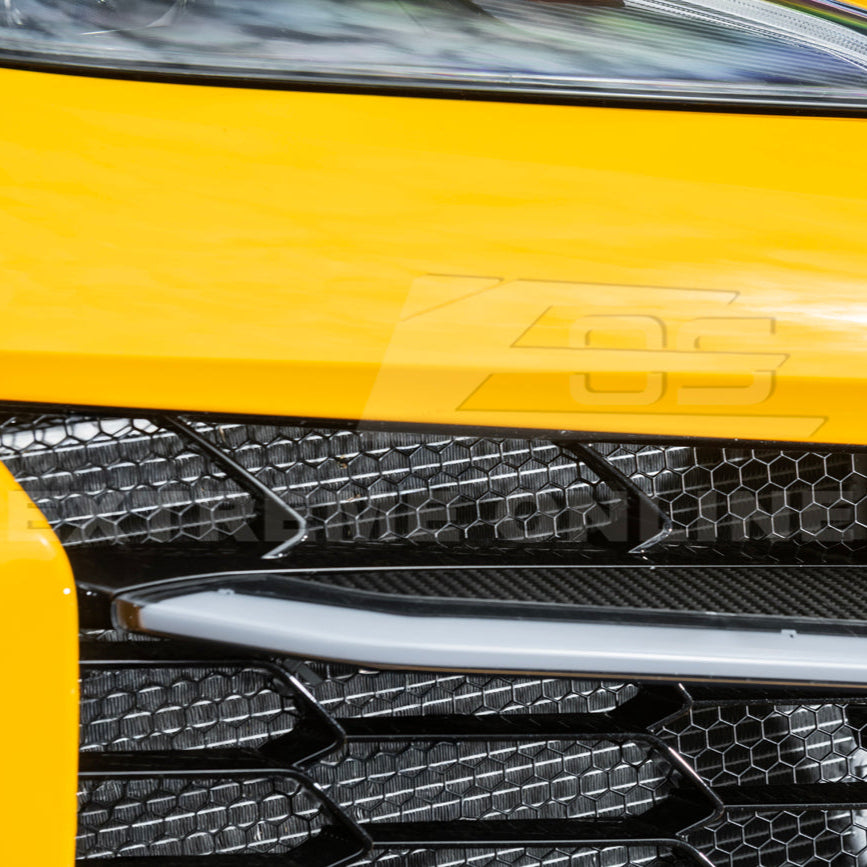 Front radiator mesh grille guard for 2023-Up Corvette C8 E-Ray and Z06 models, featuring factory-style design for improved protection and airflow.