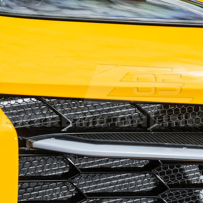 Front radiator mesh grille guard for 2023-Up Corvette C8 E-Ray and Z06 models, featuring factory-style design for improved protection and airflow.
