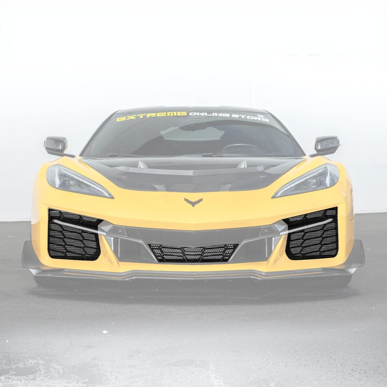Front radiator mesh grille guard for 2023-Up Corvette C8 E-Ray and Z06 models, featuring factory-style design for improved protection and airflow.