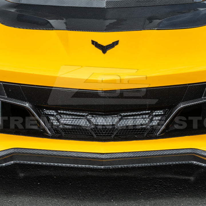 Front radiator mesh grille guard for 2023-Up Corvette C8 E-Ray and Z06 models, featuring factory-style design for improved protection and airflow.
