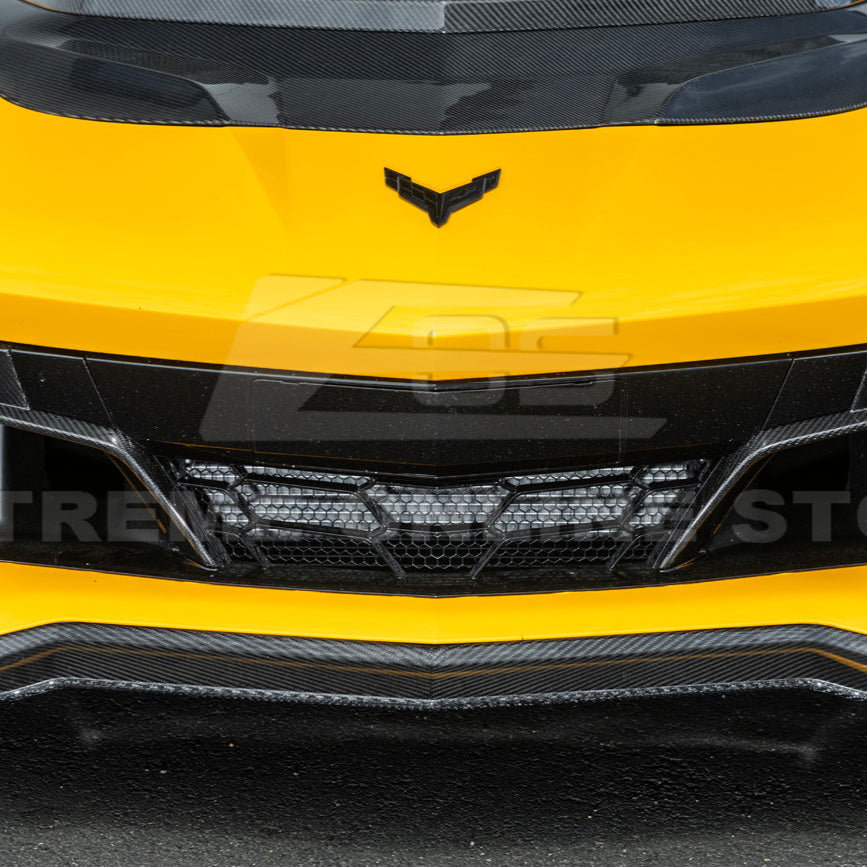 Front radiator mesh grille guard for 2023-Up Corvette C8 E-Ray and Z06 models, featuring factory-style design for improved protection and airflow.