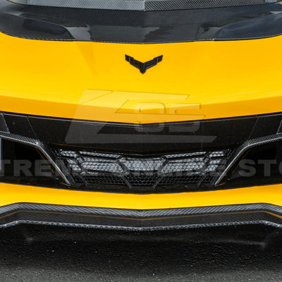 Front radiator mesh grille guard for 2023-Up Corvette C8 E-Ray and Z06 models, featuring factory-style design for improved protection and airflow.
