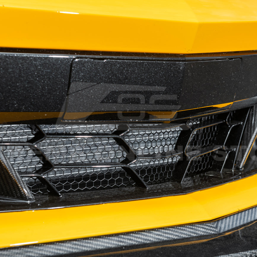Front radiator mesh grille guard for 2023-Up Corvette C8 E-Ray and Z06 models, featuring factory-style design for improved protection and airflow.