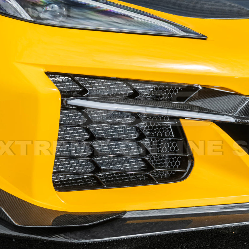 Front radiator mesh grille guard for 2023-Up Corvette C8 E-Ray and Z06 models, featuring factory-style design for improved protection and airflow.