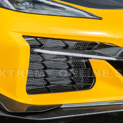 Front radiator mesh grille guard for 2023-Up Corvette C8 E-Ray and Z06 models, featuring factory-style design for improved protection and airflow.