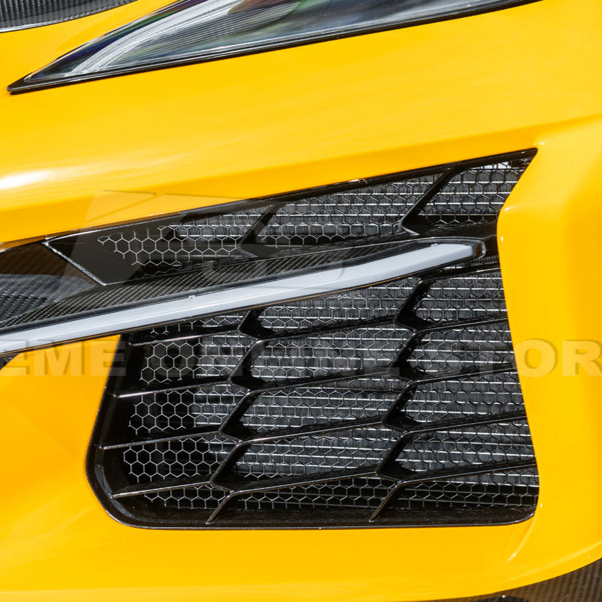 Front radiator mesh grille guard for 2023-Up Corvette C8 E-Ray and Z06 models, featuring factory-style design for improved protection and airflow.