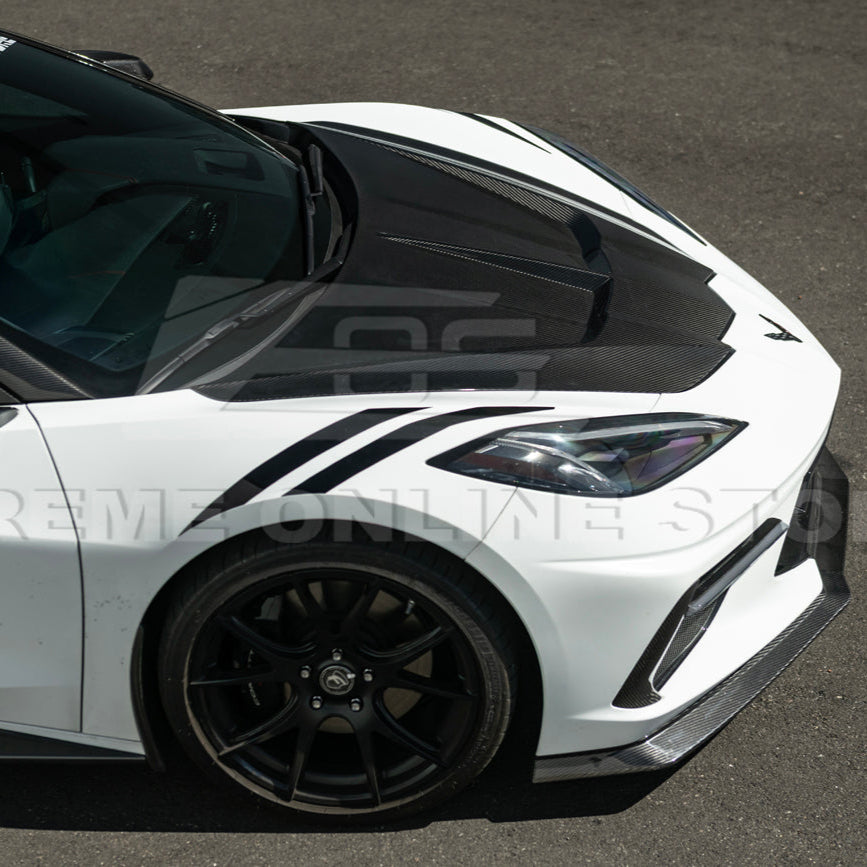 Close-up image of the Corvette C8 EOS Performance Track Style Double-Sided Dry Carbon Fiber Front Hood showing the premium dry carbon weave, lightweight construction, and aggressive aerodynamic design that enhances both performance and style.