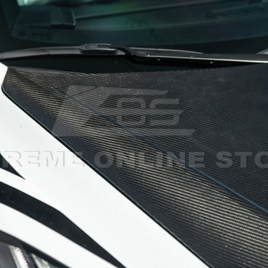 Close-up image of the Corvette C8 EOS Performance Track Style Double-Sided Dry Carbon Fiber Front Hood showing the premium dry carbon weave, lightweight construction, and aggressive aerodynamic design that enhances both performance and style.