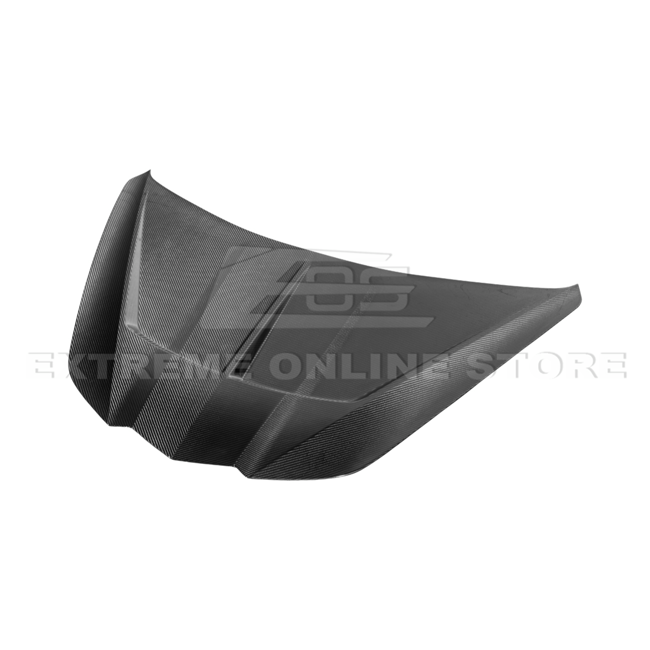 Close-up image of the Corvette C8 EOS Performance Track Style Double-Sided Dry Carbon Fiber Front Hood showing the premium dry carbon weave, lightweight construction, and aggressive aerodynamic design that enhances both performance and style.