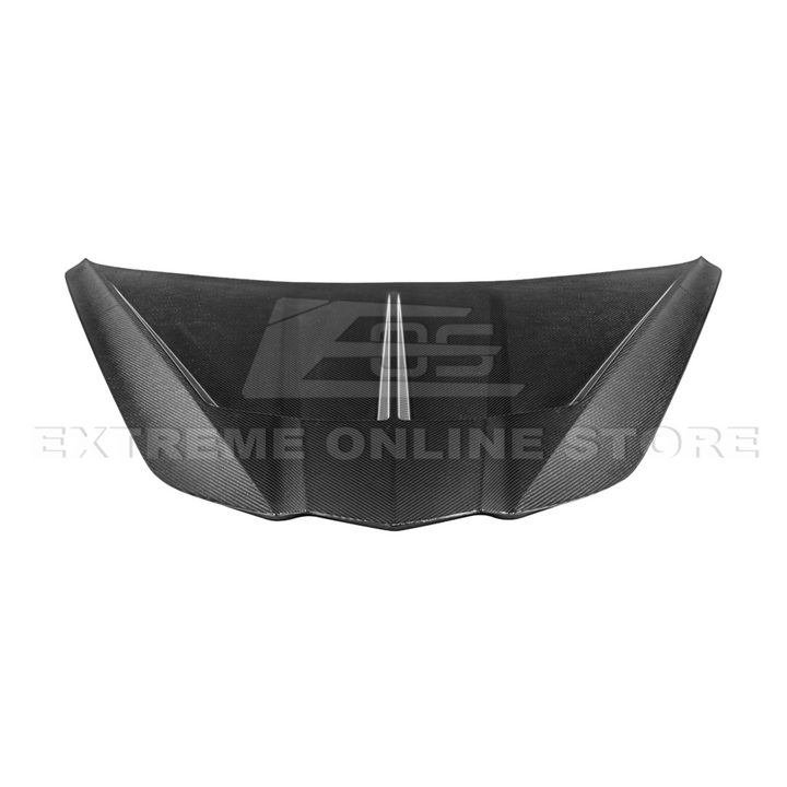 Close-up image of the Corvette C8 EOS Performance Track Style Double-Sided Dry Carbon Fiber Front Hood showing the premium dry carbon weave, lightweight construction, and aggressive aerodynamic design that enhances both performance and style.