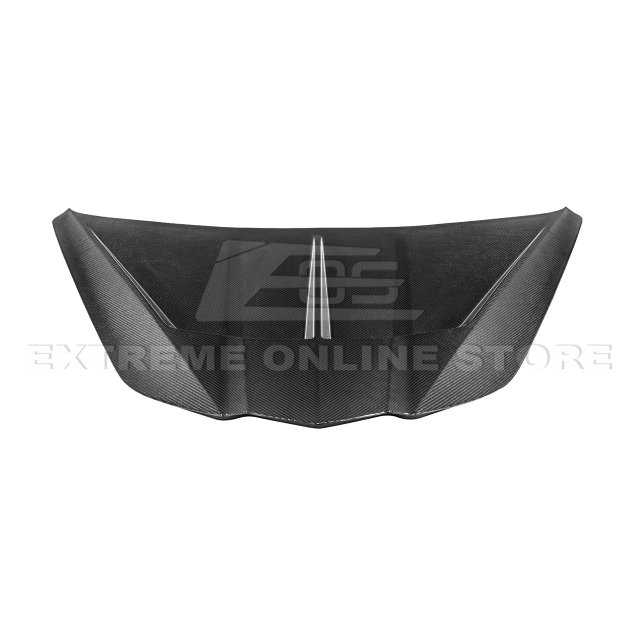 Close-up image of the Corvette C8 EOS Performance Track Style Double-Sided Dry Carbon Fiber Front Hood showing the premium dry carbon weave, lightweight construction, and aggressive aerodynamic design that enhances both performance and style.
