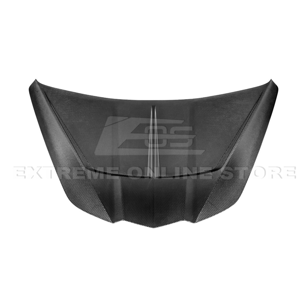 Close-up image of the Corvette C8 EOS Performance Track Style Double-Sided Dry Carbon Fiber Front Hood showing the premium dry carbon weave, lightweight construction, and aggressive aerodynamic design that enhances both performance and style.