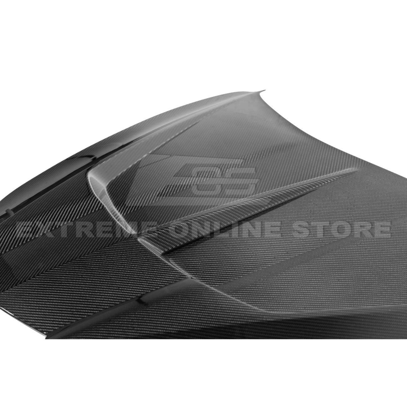 Close-up image of the Corvette C8 EOS Performance Track Style Double-Sided Dry Carbon Fiber Front Hood showing the premium dry carbon weave, lightweight construction, and aggressive aerodynamic design that enhances both performance and style.