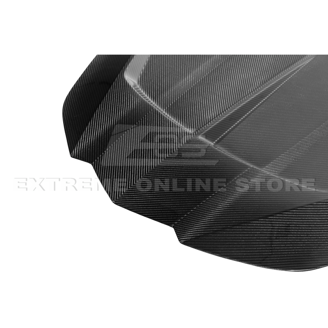 Close-up image of the Corvette C8 EOS Performance Track Style Double-Sided Dry Carbon Fiber Front Hood showing the premium dry carbon weave, lightweight construction, and aggressive aerodynamic design that enhances both performance and style.