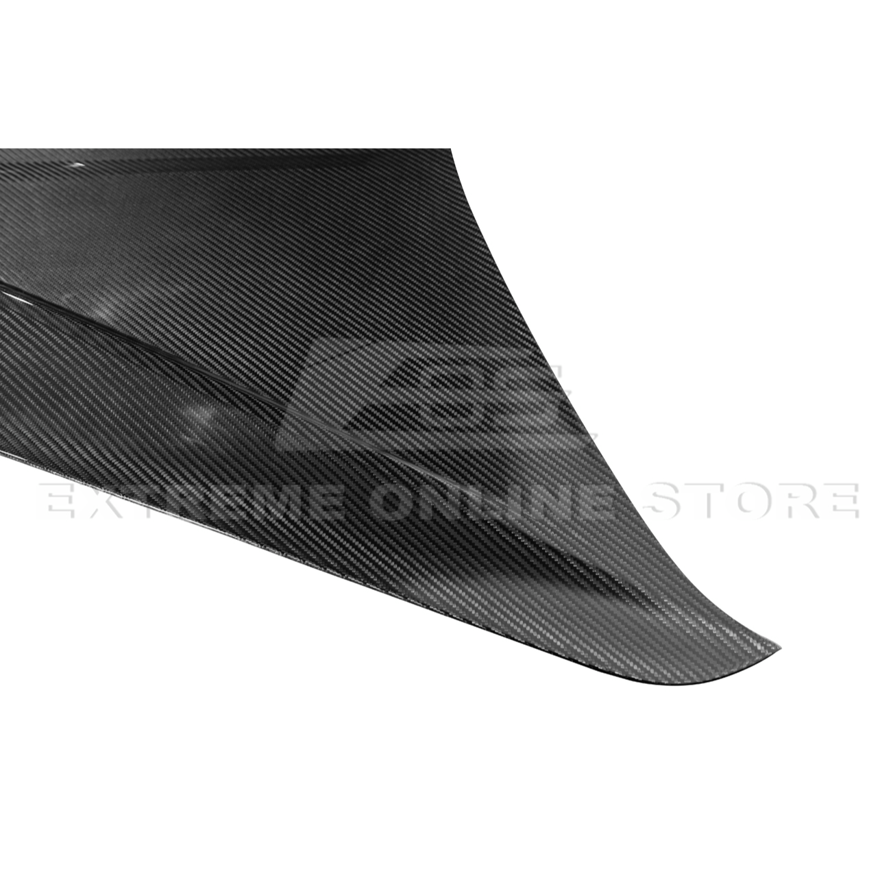 Close-up image of the Corvette C8 EOS Performance Track Style Double-Sided Dry Carbon Fiber Front Hood showing the premium dry carbon weave, lightweight construction, and aggressive aerodynamic design that enhances both performance and style.