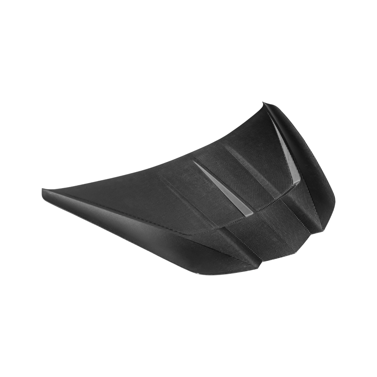 Close-up image of the Corvette C8 EOS Performance Track Style Double-Sided Dry Carbon Fiber Front Hood showing the premium dry carbon weave, lightweight construction, and aggressive aerodynamic design that enhances both performance and style.