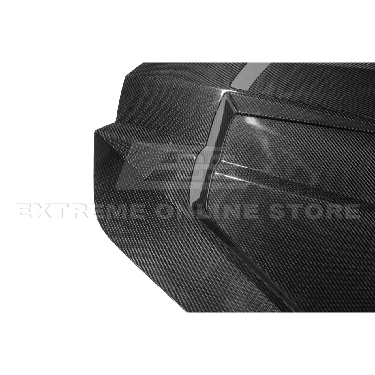 Close-up image of the Corvette C8 EOS Performance Track Style Double-Sided Dry Carbon Fiber Front Hood showing the premium dry carbon weave, lightweight construction, and aggressive aerodynamic design that enhances both performance and style.