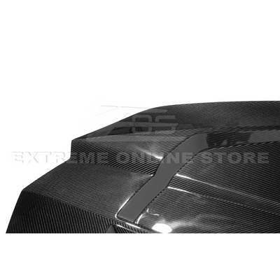 Close-up image of the Corvette C8 EOS Performance Track Style Double-Sided Dry Carbon Fiber Front Hood showing the premium dry carbon weave, lightweight construction, and aggressive aerodynamic design that enhances both performance and style.