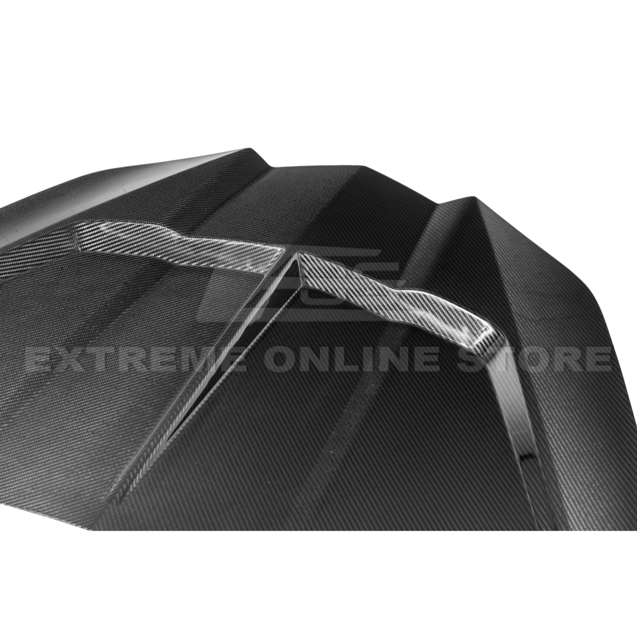 Close-up image of the Corvette C8 EOS Performance Track Style Double-Sided Dry Carbon Fiber Front Hood showing the premium dry carbon weave, lightweight construction, and aggressive aerodynamic design that enhances both performance and style.