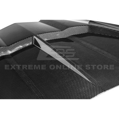 Close-up image of the Corvette C8 EOS Performance Track Style Double-Sided Dry Carbon Fiber Front Hood showing the premium dry carbon weave, lightweight construction, and aggressive aerodynamic design that enhances both performance and style.
