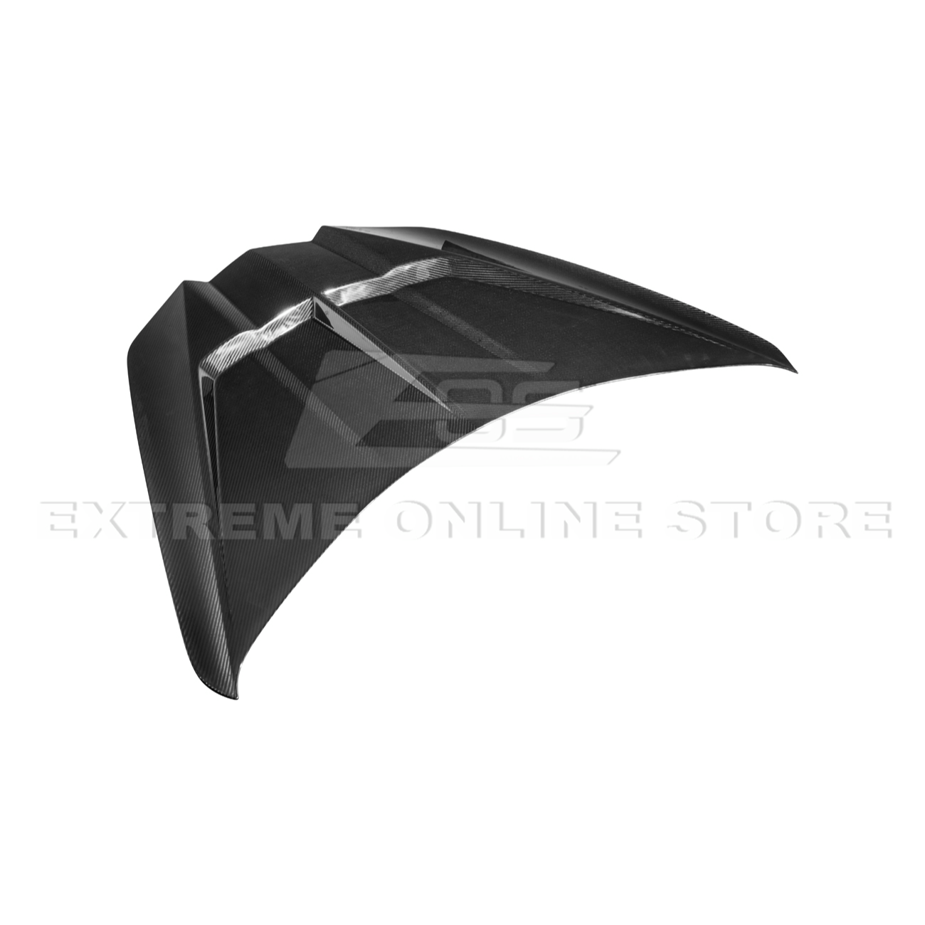 Close-up image of the Corvette C8 EOS Performance Track Style Double-Sided Dry Carbon Fiber Front Hood showing the premium dry carbon weave, lightweight construction, and aggressive aerodynamic design that enhances both performance and style.