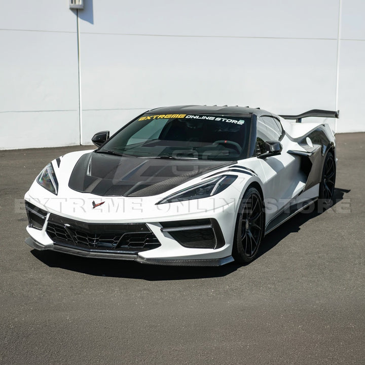 Close-up image of the Corvette C8 EOS Performance Track Style Double-Sided Dry Carbon Fiber Front Hood showing the premium dry carbon weave, lightweight construction, and aggressive aerodynamic design that enhances both performance and style.