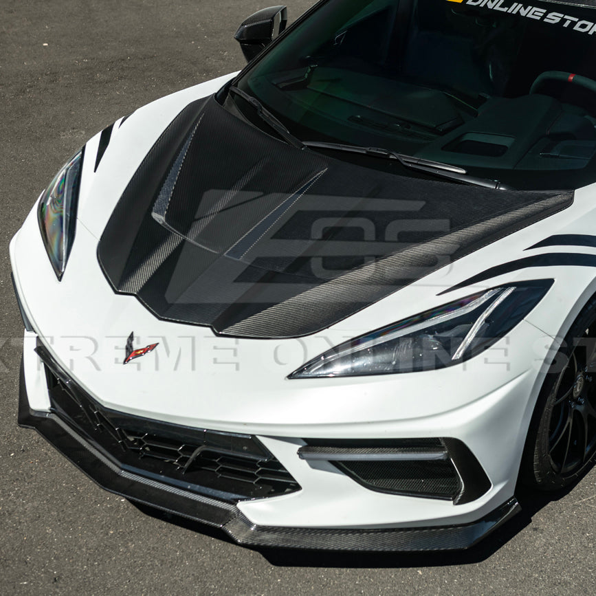 Close-up image of the Corvette C8 EOS Performance Track Style Double-Sided Dry Carbon Fiber Front Hood showing the premium dry carbon weave, lightweight construction, and aggressive aerodynamic design that enhances both performance and style.