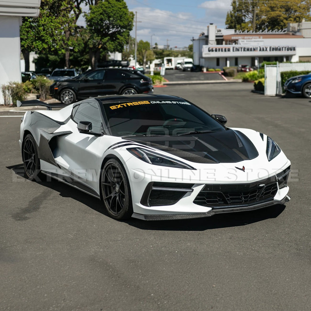 Close-up image of the Corvette C8 EOS Performance Track Style Double-Sided Dry Carbon Fiber Front Hood showing the premium dry carbon weave, lightweight construction, and aggressive aerodynamic design that enhances both performance and style.
