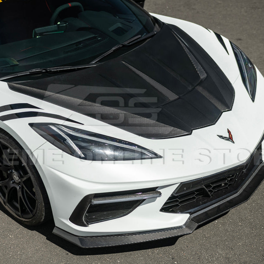 Close-up image of the Corvette C8 EOS Performance Track Style Double-Sided Dry Carbon Fiber Front Hood showing the premium dry carbon weave, lightweight construction, and aggressive aerodynamic design that enhances both performance and style.