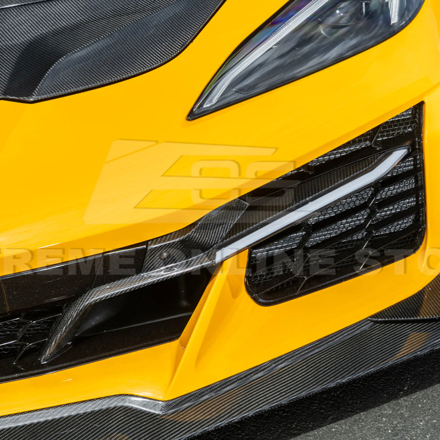 High-quality image of Corvette C8 Z06 Carbon Fiber Sequential LED DRL Light Bar Bezel Insert showcasing the sleek carbon fiber finish and modern LED design that enhances the C8’s front-end style and lighting performance.
