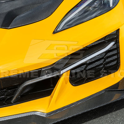 High-quality image of Corvette C8 Z06 Carbon Fiber Sequential LED DRL Light Bar Bezel Insert showcasing the sleek carbon fiber finish and modern LED design that enhances the C8’s front-end style and lighting performance.