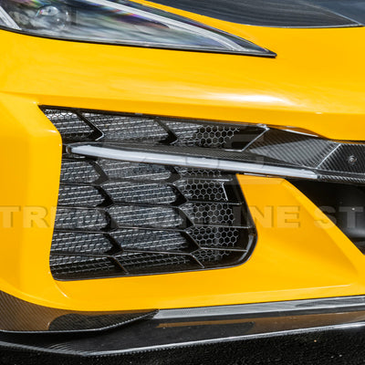 High-quality image of Corvette C8 Z06 Carbon Fiber Sequential LED DRL Light Bar Bezel Insert showcasing the sleek carbon fiber finish and modern LED design that enhances the C8’s front-end style and lighting performance.