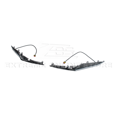 High-quality image of Corvette C8 Z06 Carbon Fiber Sequential LED DRL Light Bar Bezel Insert showcasing the sleek carbon fiber finish and modern LED design that enhances the C8’s front-end style and lighting performance.