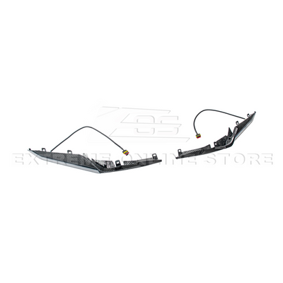 High-quality image of Corvette C8 Z06 Carbon Fiber Sequential LED DRL Light Bar Bezel Insert showcasing the sleek carbon fiber finish and modern LED design that enhances the C8’s front-end style and lighting performance.